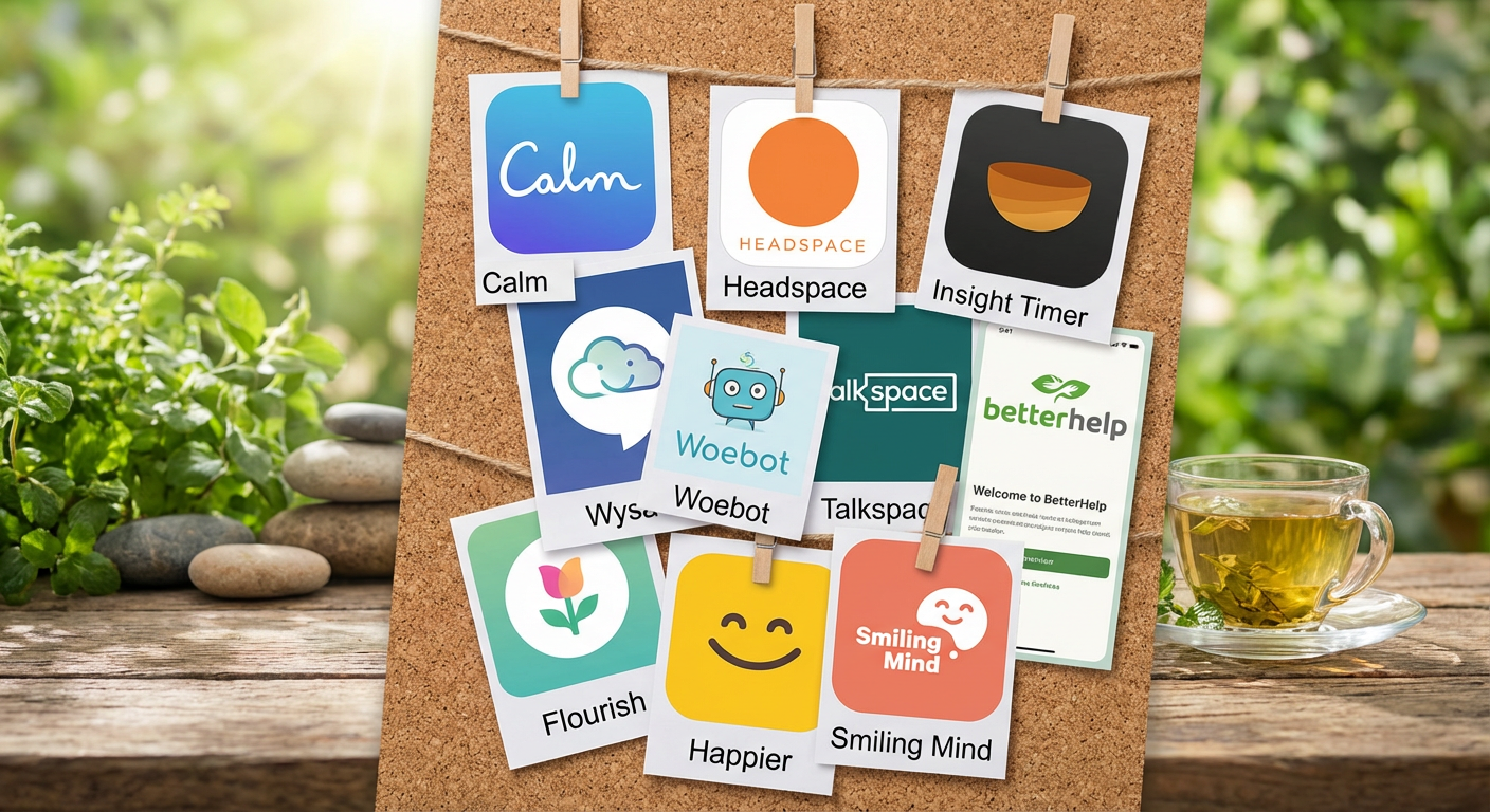 Collage of popular mental health and meditation apps with a serene background