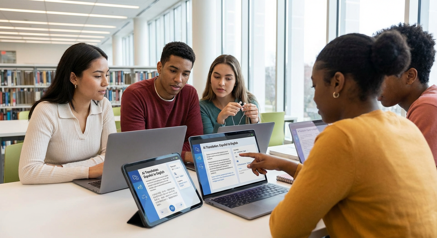 Students using AI translation tools for academic collaboration