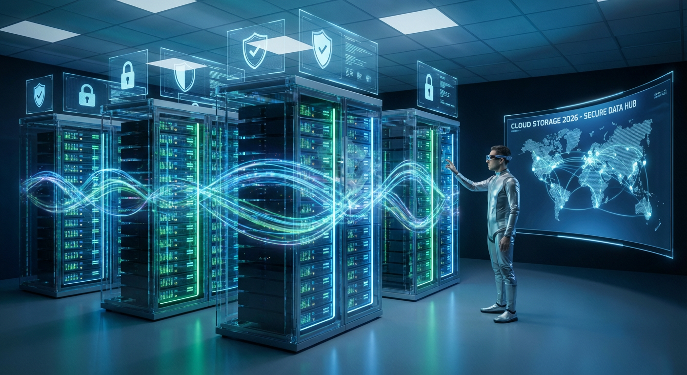Futuristic depiction of cloud storage technology in 2026
