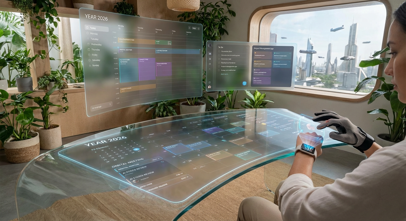 Futuristic workspace with digital calendar and planner apps