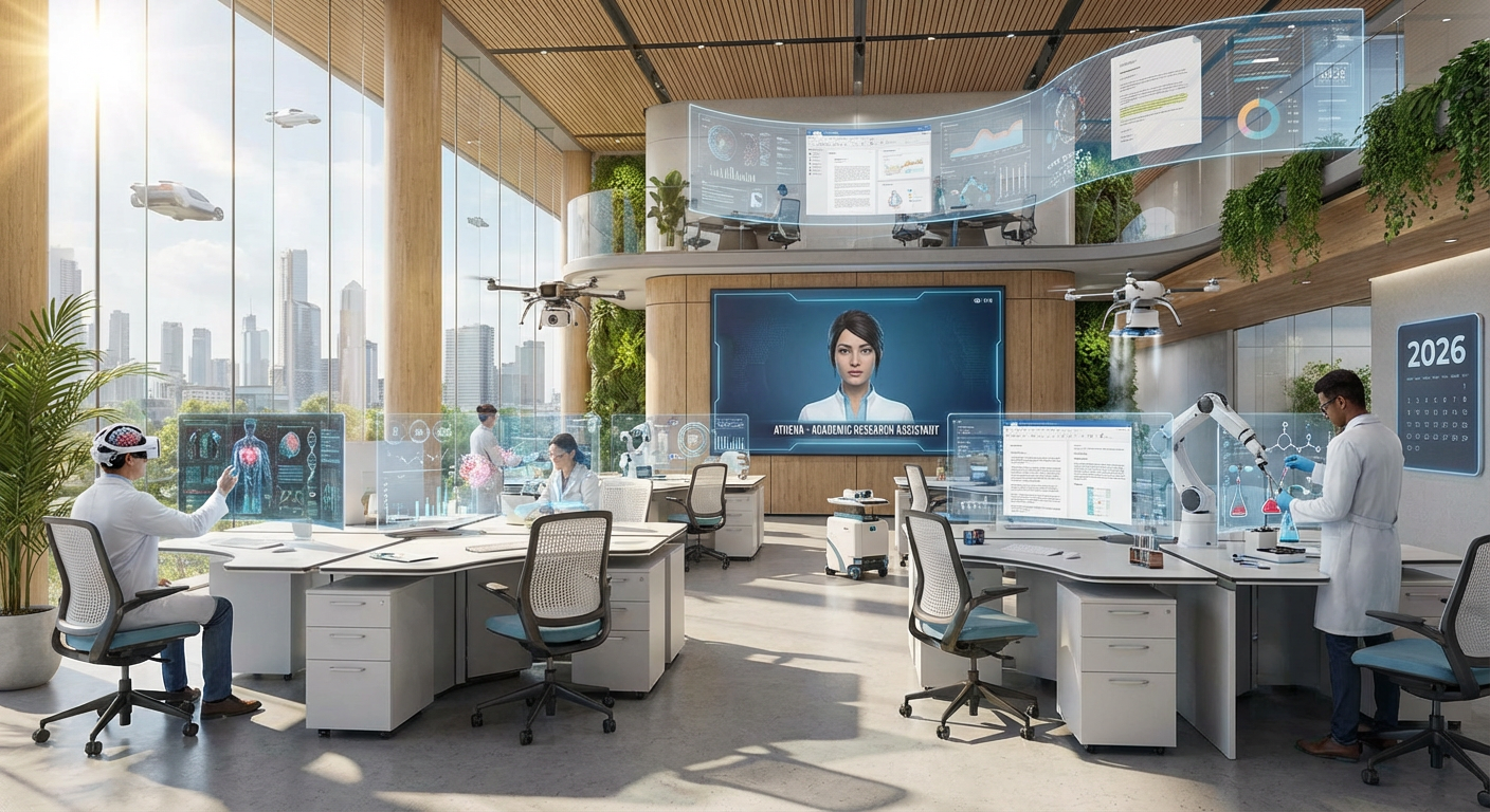 Futuristic workspace with advanced research tools for 2026