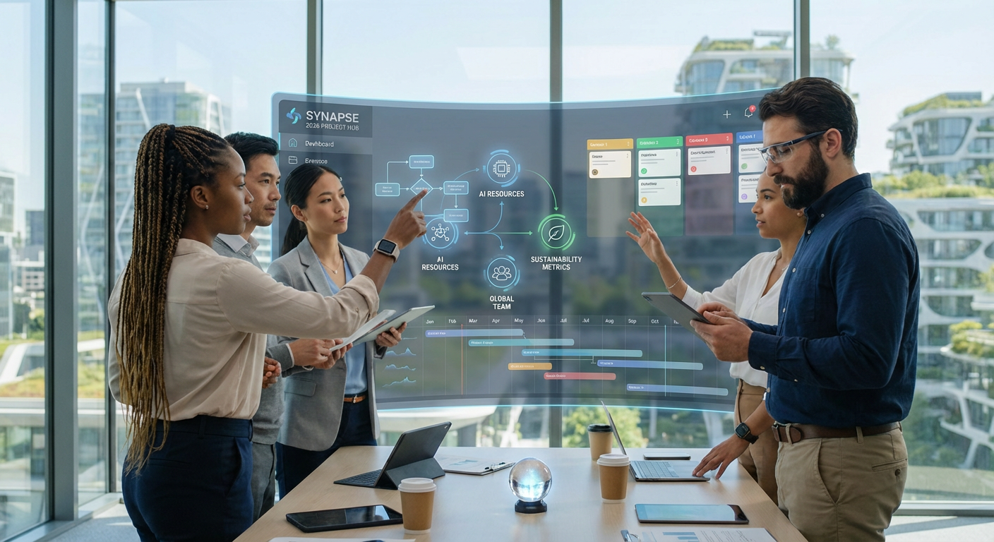 Diverse team using a futuristic project management tool interface in 2026