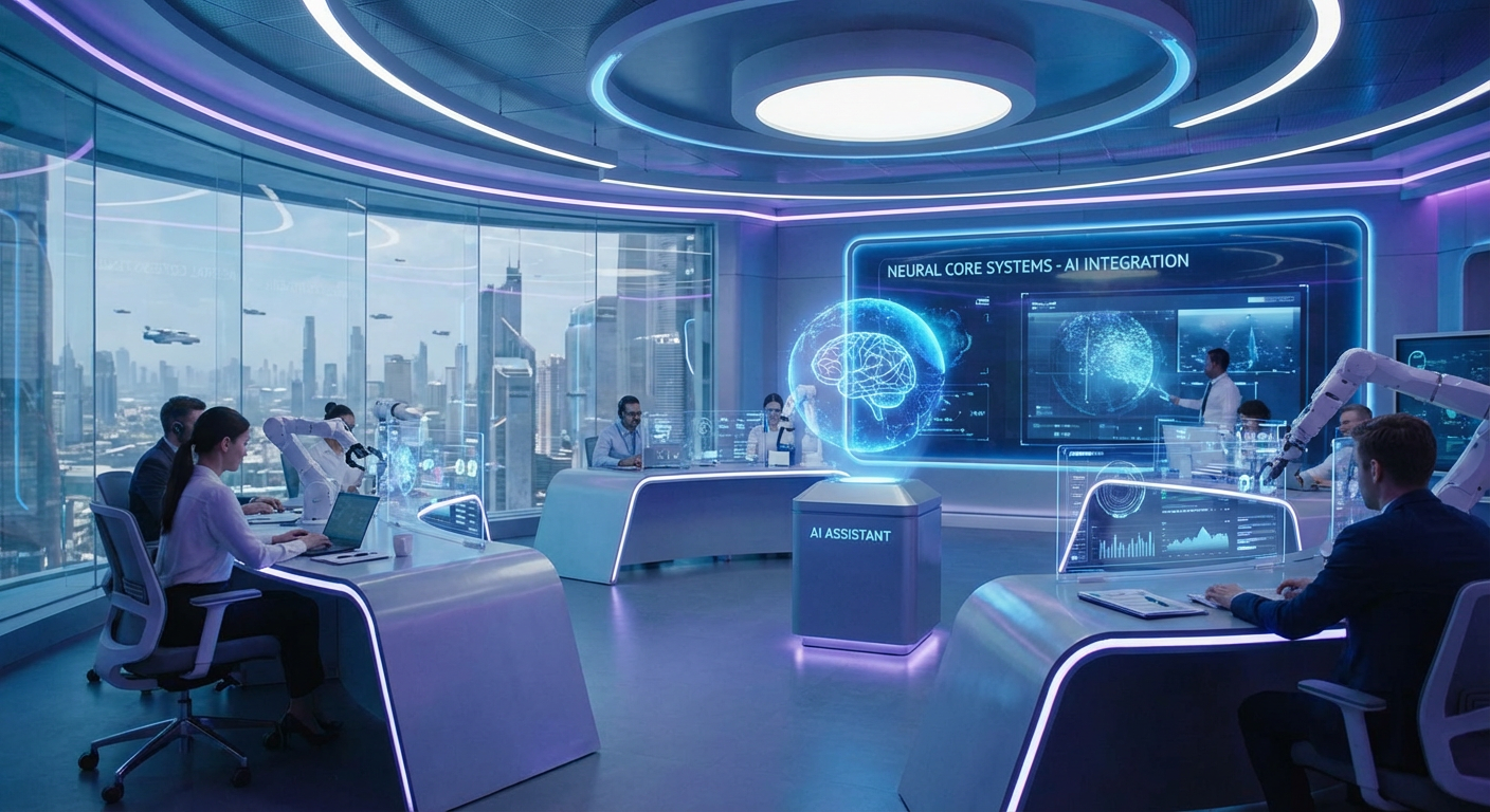 Futuristic office with AI elements