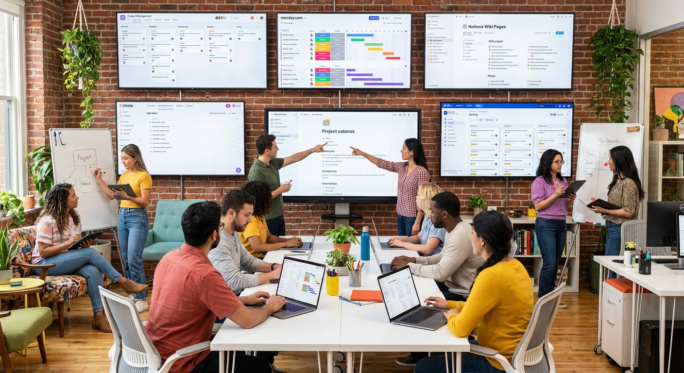 Creative team collaborating using project management tools