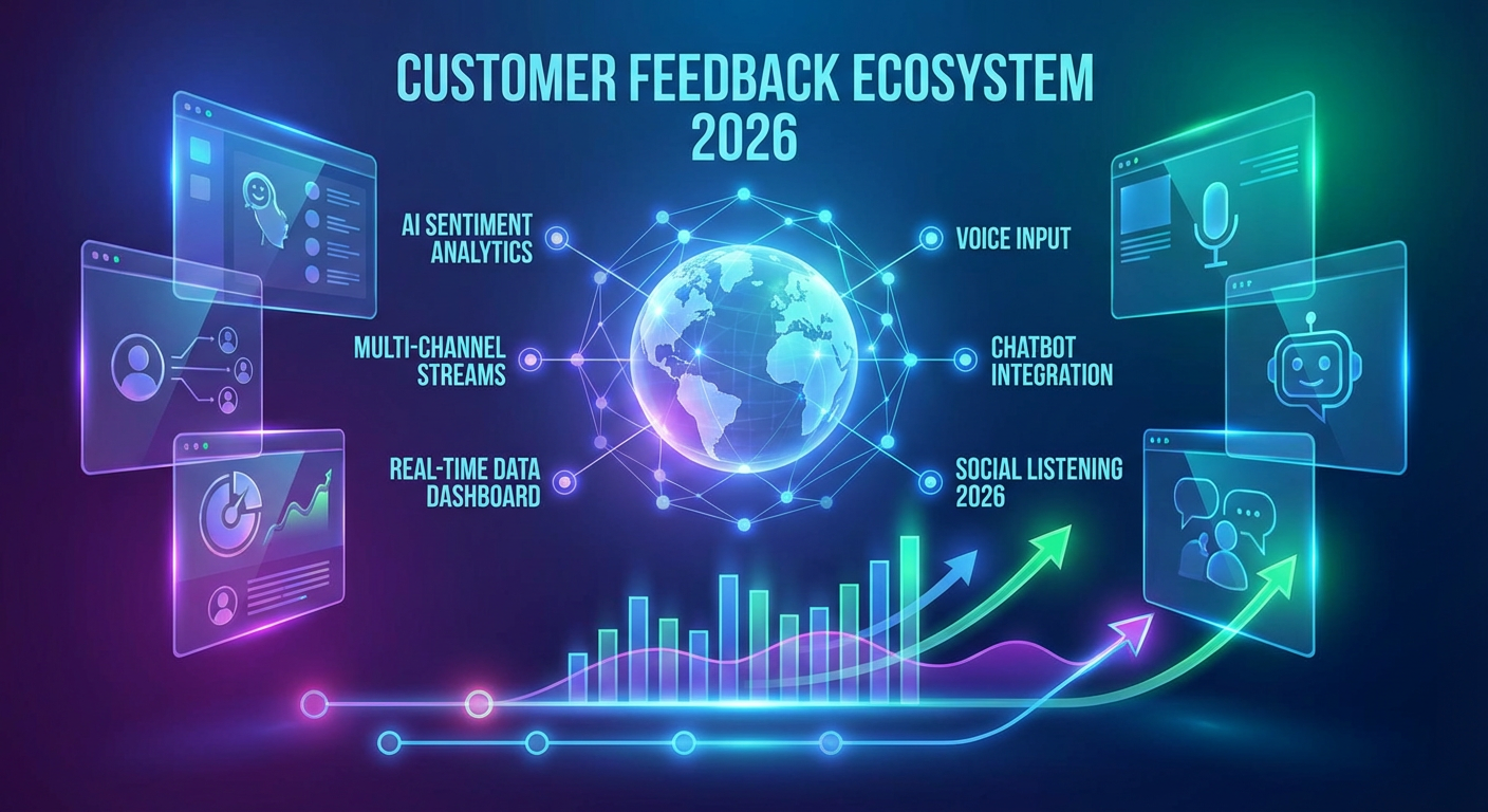 Futuristic illustration of customer feedback tools with AI integration