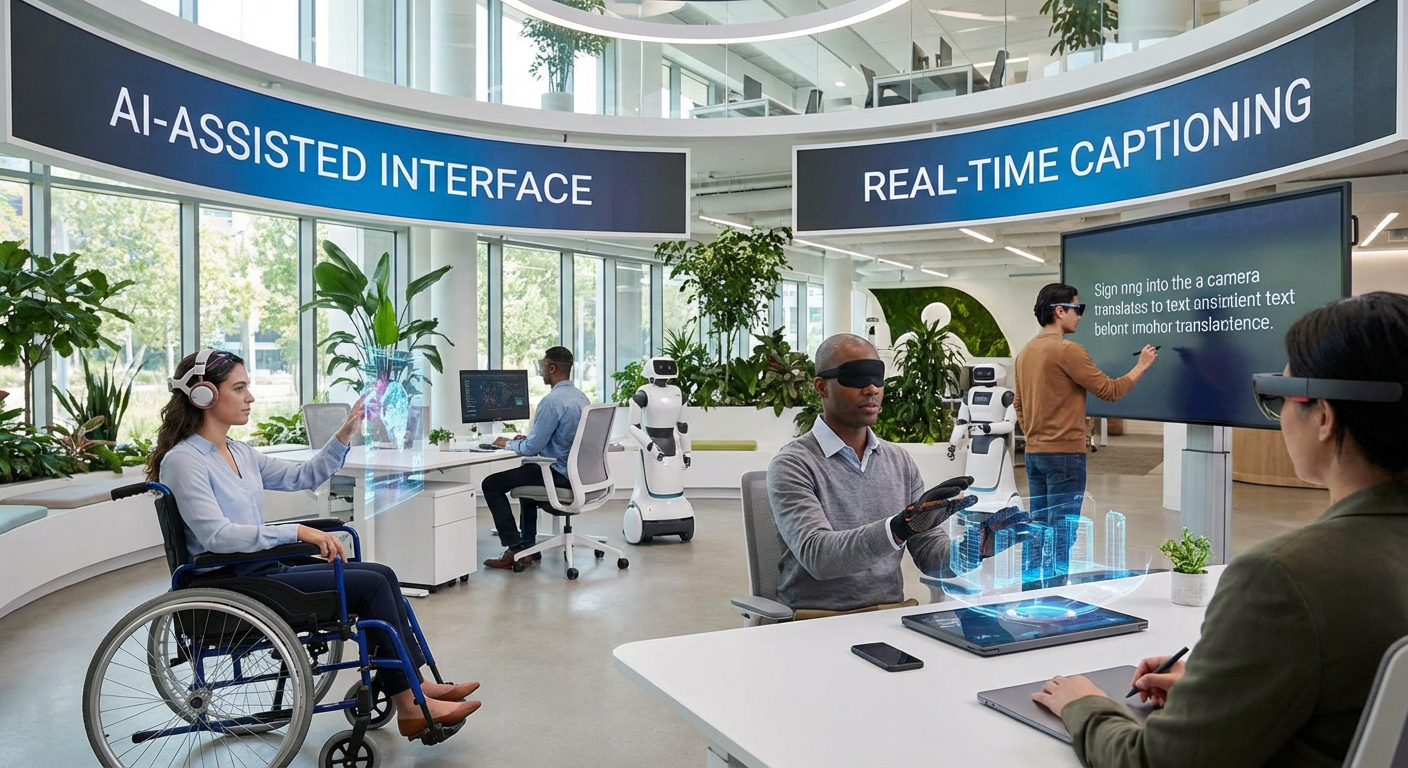 Futuristic office setting with diverse professionals using AI-powered accessibility tools