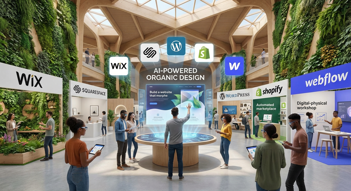 Futuristic depiction of website builders in 2026 with AI integration and diverse platforms