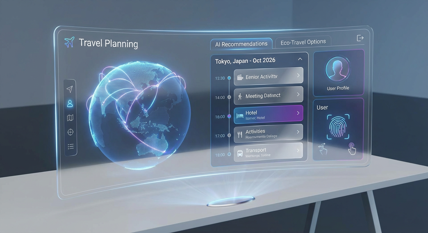 Futuristic travel planning app interface for 2026