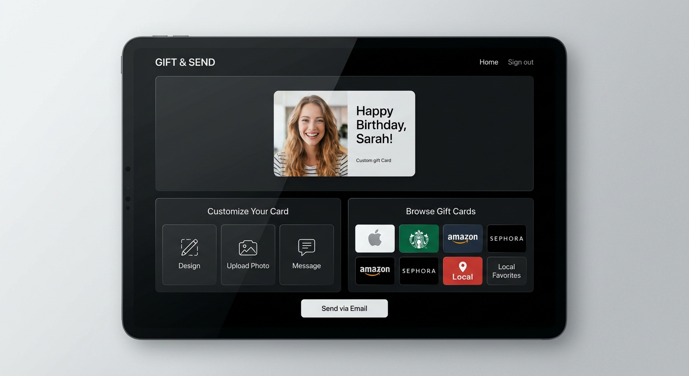 Giftcards.com platform interface showcasing customization options and a variety of gift cards