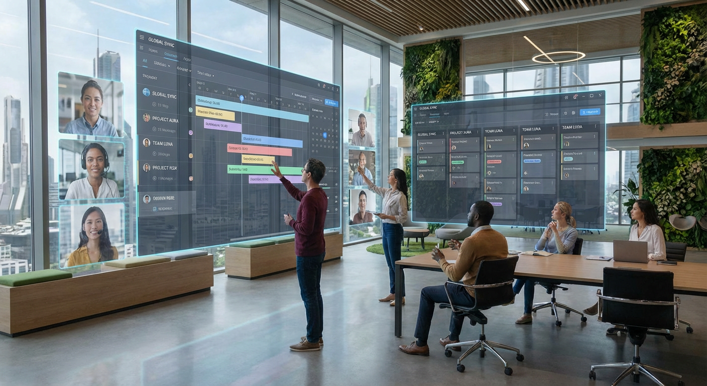 Futuristic office with remote team collaboration